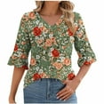 thumbnail image 2 of Tops for Women Plus Size 3/4 Sleeve Ruffle Floral Printed V-neck Casual Three-quarter Sleeve T-shirt Green XXL, 2 of 5