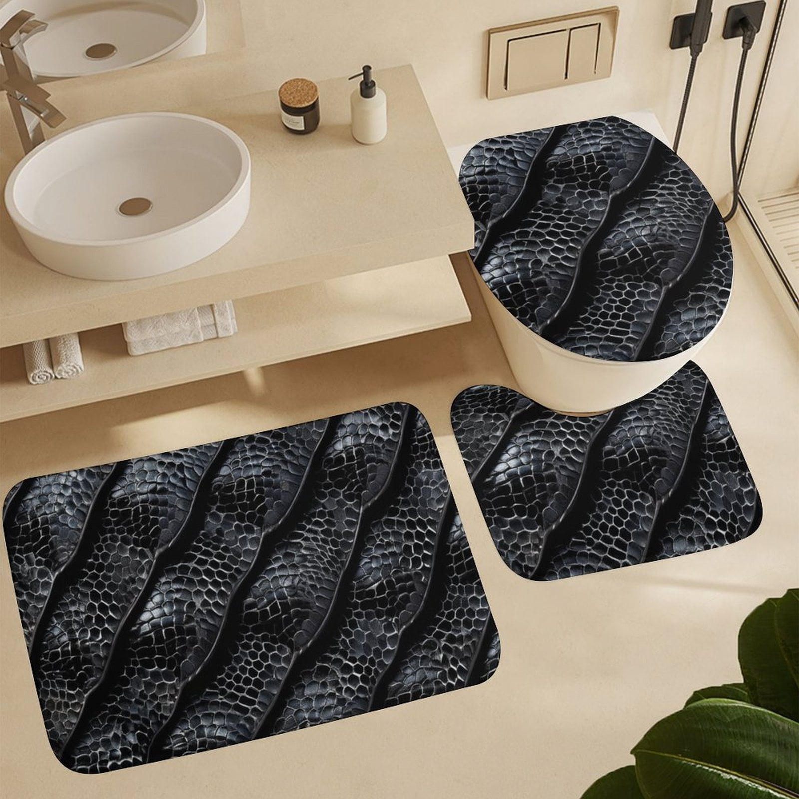 Dark Snakeskin Scale Pattern 4 Pcs Bathroom Shower Curtain Set, Bathroom Sets with Rugs (Bath Mat, U Shape and Toilet Lid Cover Mat) and 12 Hooks,