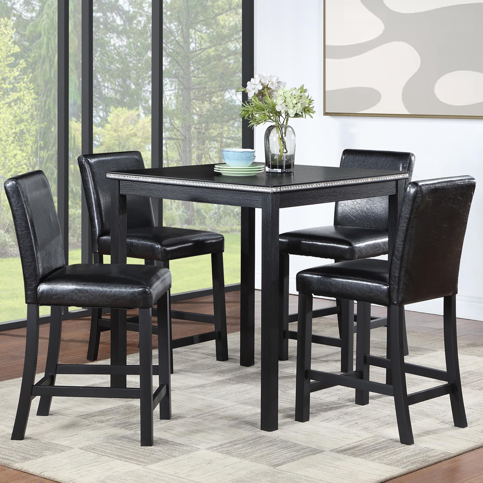 Sesslife 5 Piece Modern Dining Set for Home, Kitchen, Wooden Dining Square Table Set, Counter Height Table Set with 4 Upholstered Chairs, Black