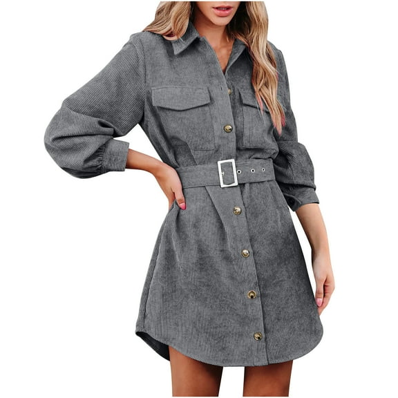 pstuiky Dresses for Women, Women Solid Color Corduroy Dress with Lapel Dress Long Sleeve Lapel Dress with Pockets Leisure Gray S
