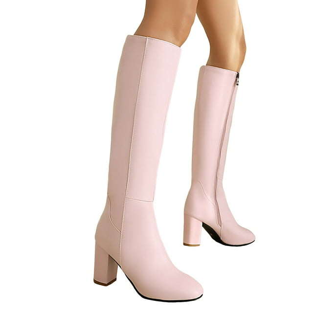 Fall Boots for Women Knee High Leather Pointed Toe Chunky Block High Heel Knee Length Tall Dress Boots Ladies