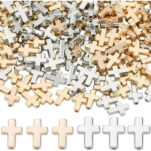 1 Box 400Pcs Gold Beads Silver Crosses Spacer Bead Bulk Plastic Crucifix Big Hole Holy Easter Mini Loose Charms Beads for Jewelry Making Beading Pendants Necklaces Earrings DIY Crafts Mixed Color