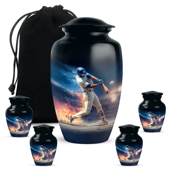 MUKTIVE Baseball Adult Urns for Human Ashes Women & Men 10 Inch, Stadium Funeral Urns for Ashes Women, Large Urn for Burial in Ground, Black 3 Inch Cremation Urn for Mom & Dad (1 Large, 4 Keepsake)