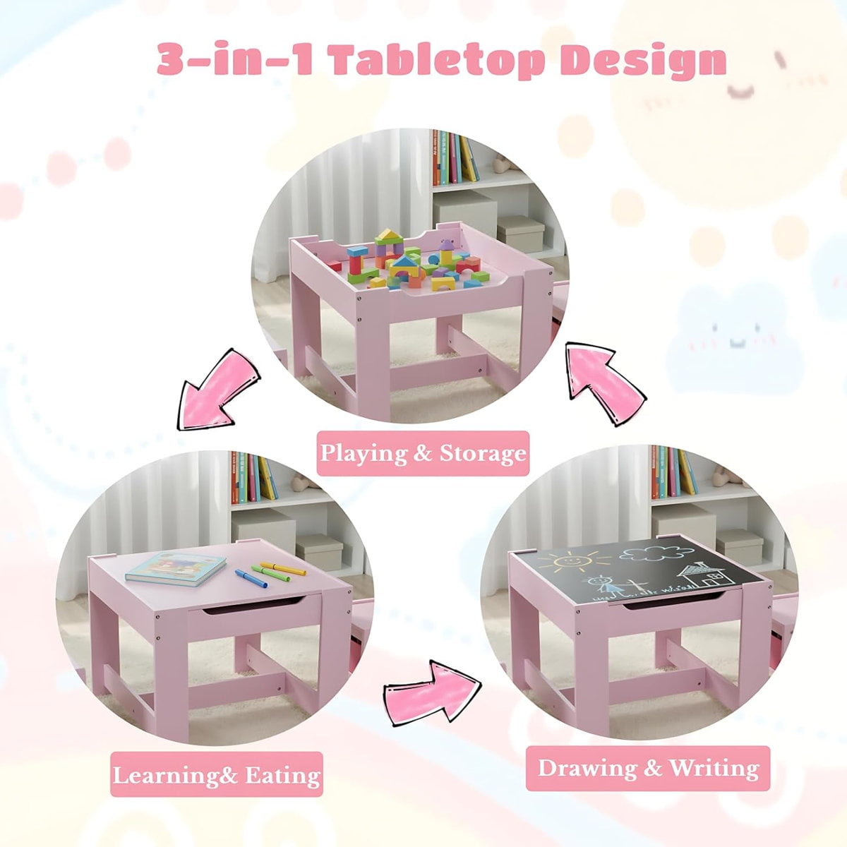 Pirecart Kids Table and 2 Chairs Set Wooden Activity Table and Chair Set with Blackboard & Storage Drawer, Pink