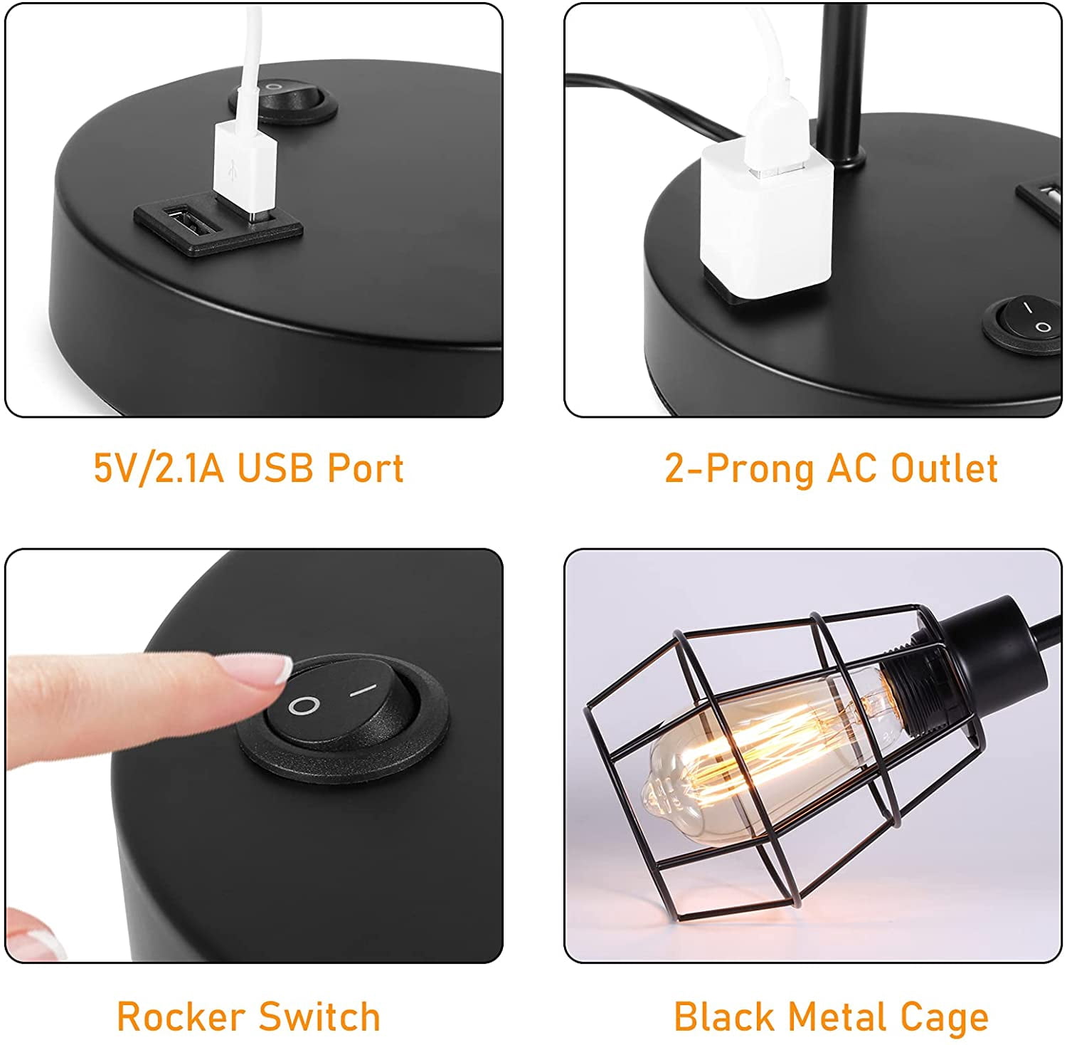 Usb Industrial Edison Desk Lamp With 2 Ac Outlets, Black Metal Lantern