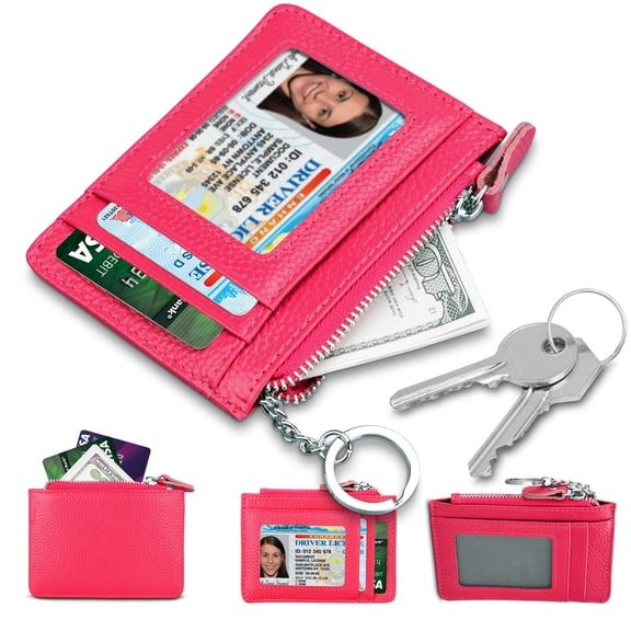 Tekcoo Leather Zip Credit Card Holder Wallet with ID Window Keychain RFID Blocking