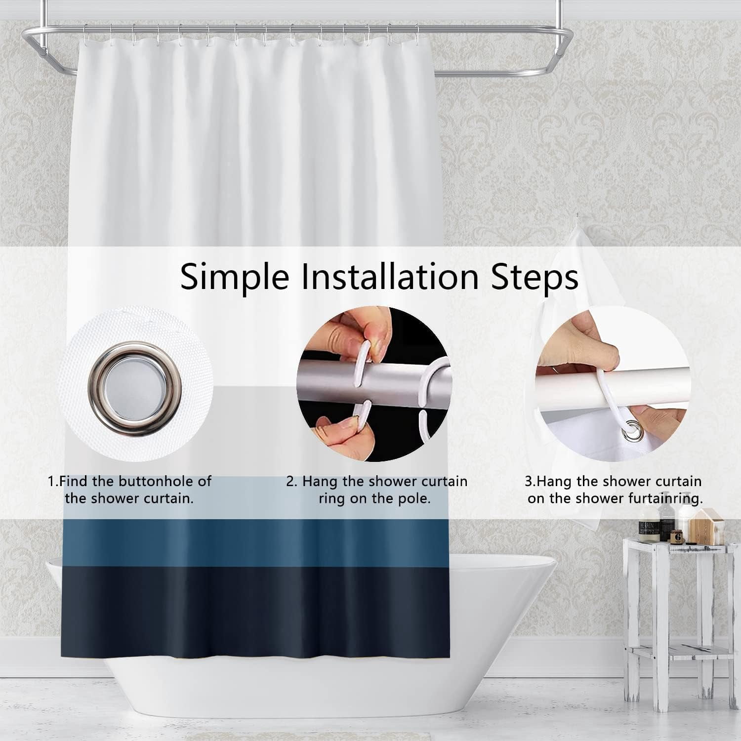 Stripes Fabric Bathroom Shower Curtain Modern Aesthetics Minimalist Shower Curtain with Hooks Polyester Waterproof Blue Grey Abstract Lines Pattern Shower Curtain Decor, 72x72 Inch
