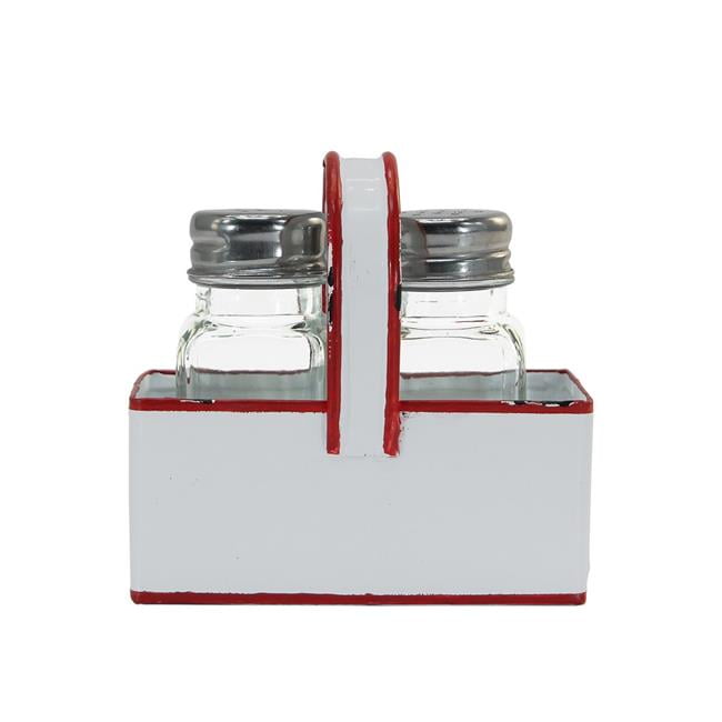 Farmhouse Style Salt and Pepper Shakers and Red Rim Enamel Caddy Set
