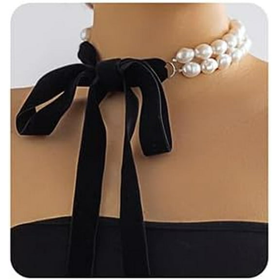 XBage Gothic Vintage Double Layered Pearl Choker Necklace Long Black Velvet Wide Ribbon Bow Tie Necklace Pearl Bead Collar Necklace Party Bar Halloween Costume Jewelry For Women (Style1)[xl5594]