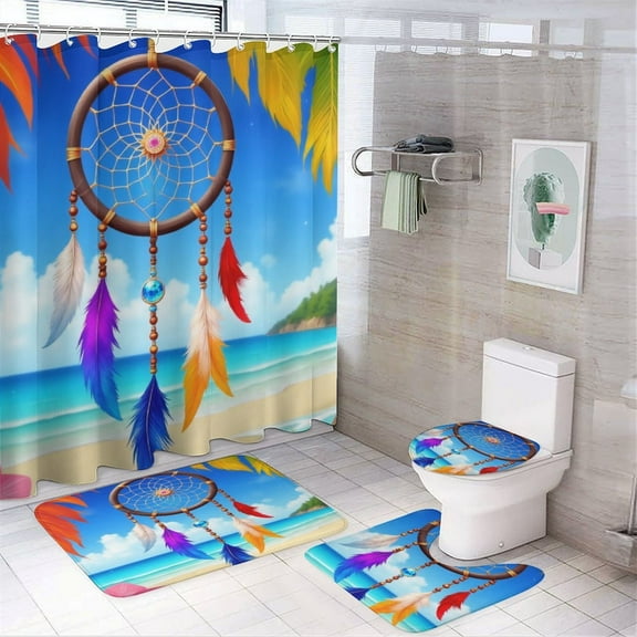 Beach Dreamcatcher Scene(1) Shower Curtain Sets Non-Slip Rugs Bath Mat Toilet Cover U Shaped Mat 4 Pcs