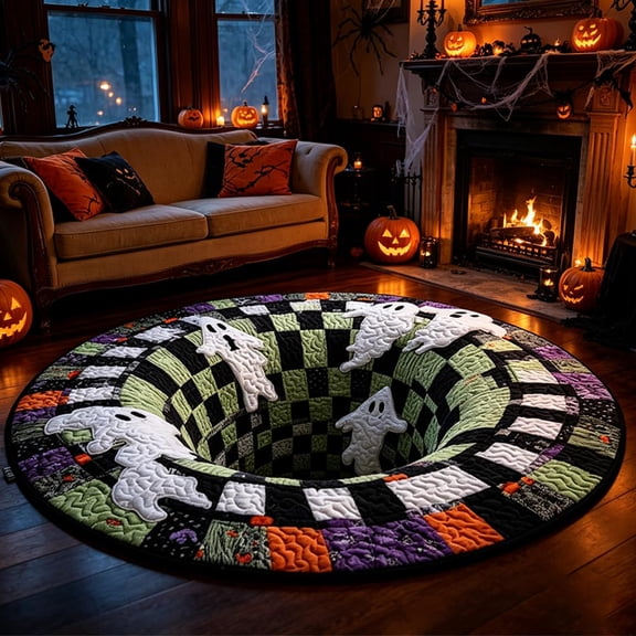 3D Skeleton Vortex Quilted Round Halloween Rug, Non-Slip Soft Fabric, 3D Halloween Rug, Optical Illusion Depth Pattern, 16 Inch Indoor Mat for Living Room, Kitchen, Bathroom and Home Decor