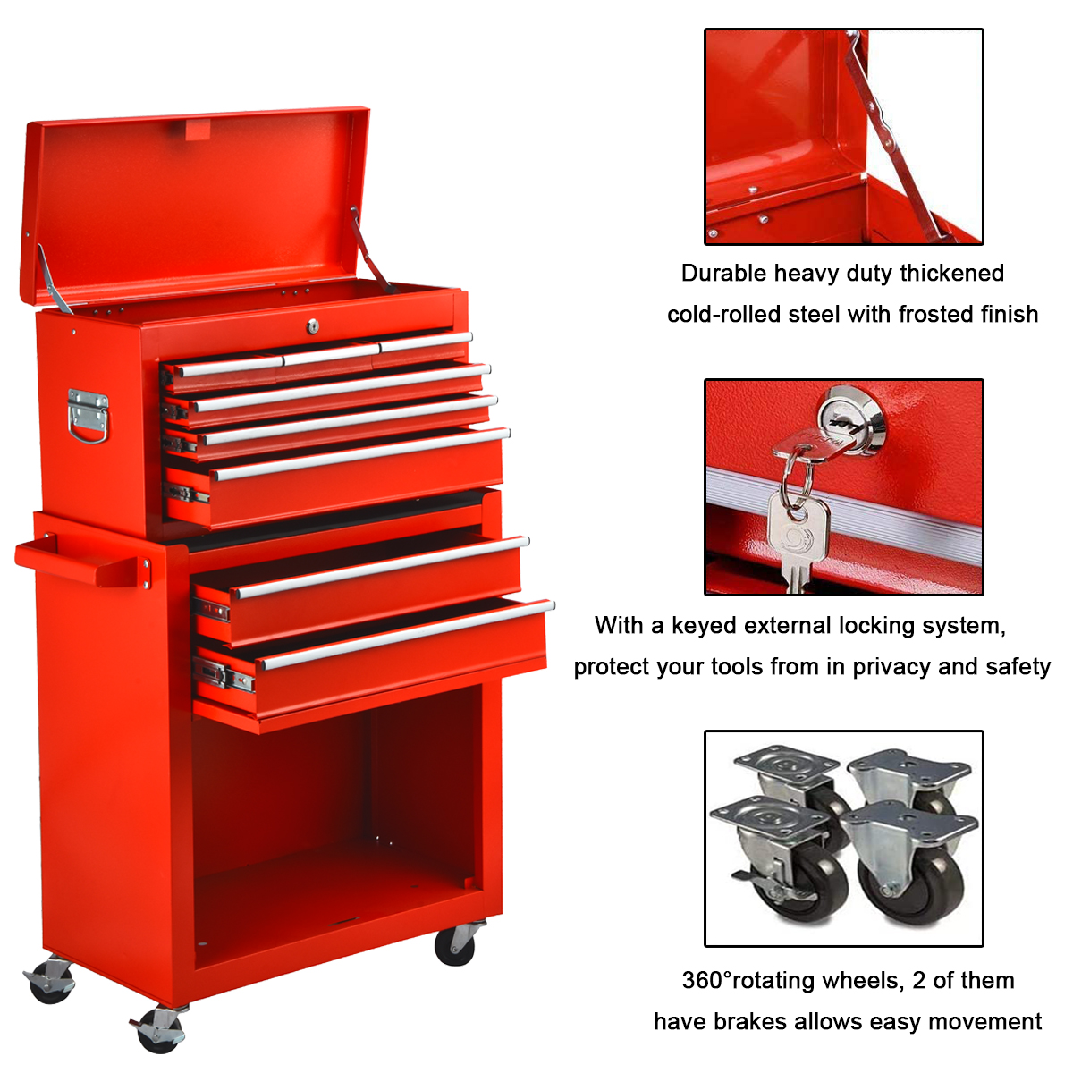 Odaof 8 Drawer Mechanic Tool Chest with Wheels Heavy Duty Rolling Tool Box Cabinet with Riser Sliding Drawers Keyed Locking System Top Detachable Toolbox Organizer for Workshop Red - image 2 of 9