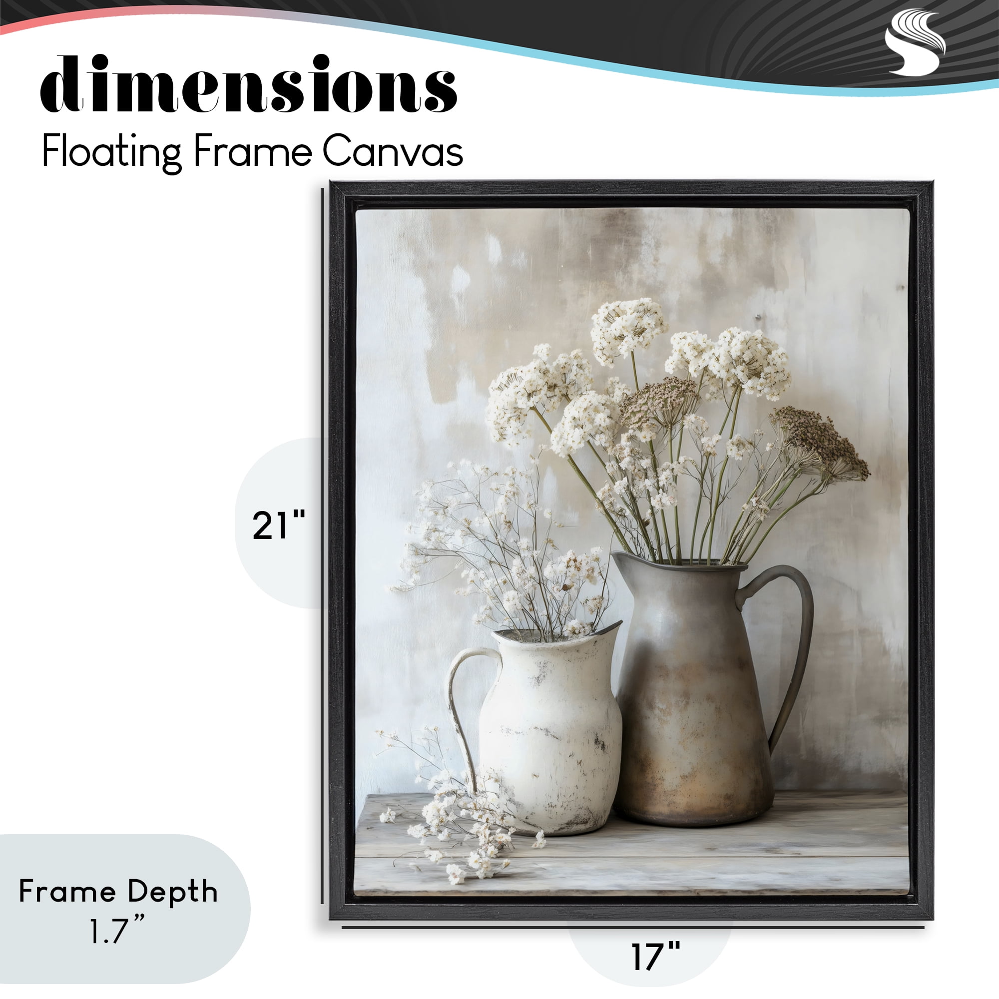 Stupell Industries Rustic Flower Arrangement in Pitchers Black Framed Floater Canvas Wall Art, design by Creative Studio