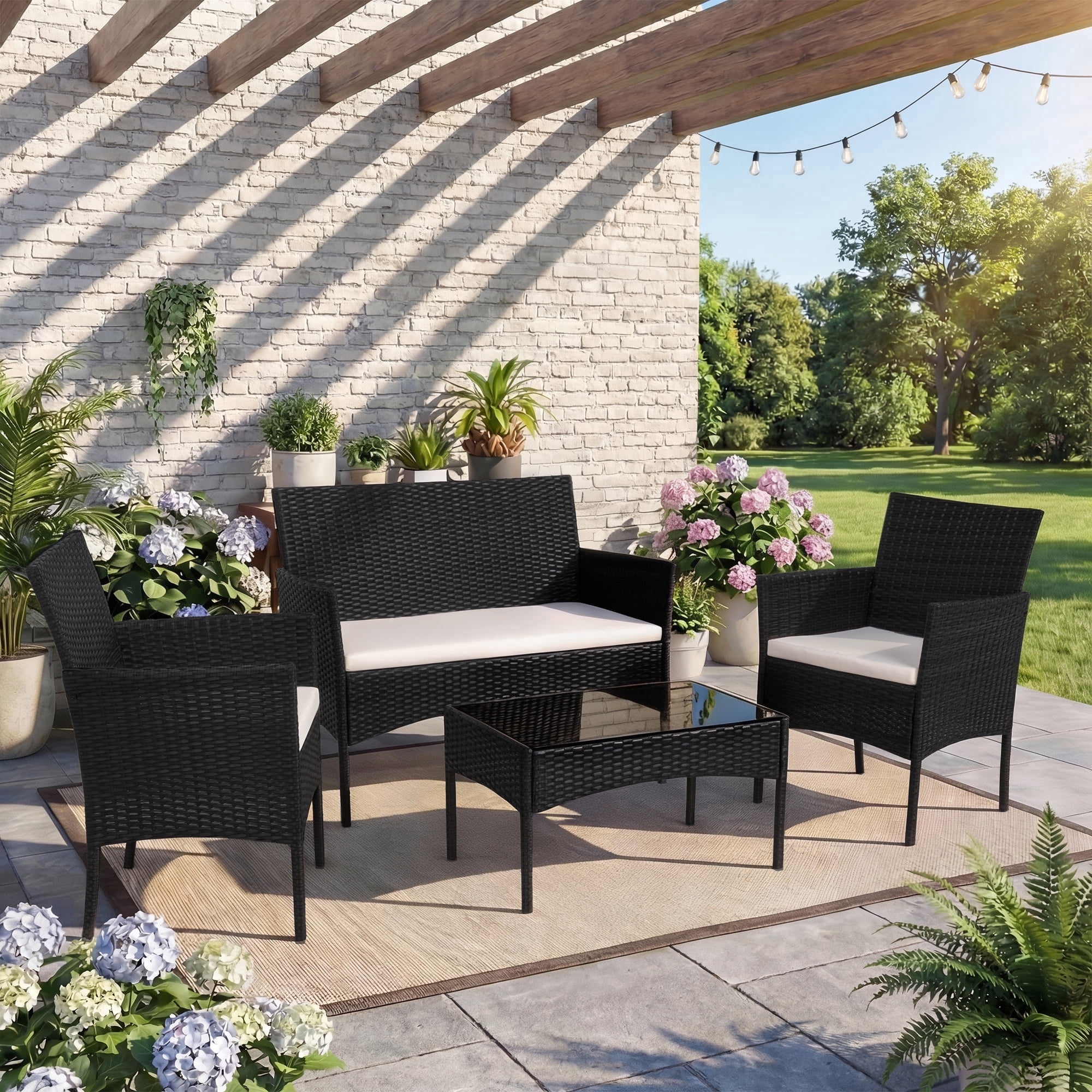 Walsunny 4-Piece Patio Rattan Furniture Set with Cushions & Tempered Glass Tabletop, White