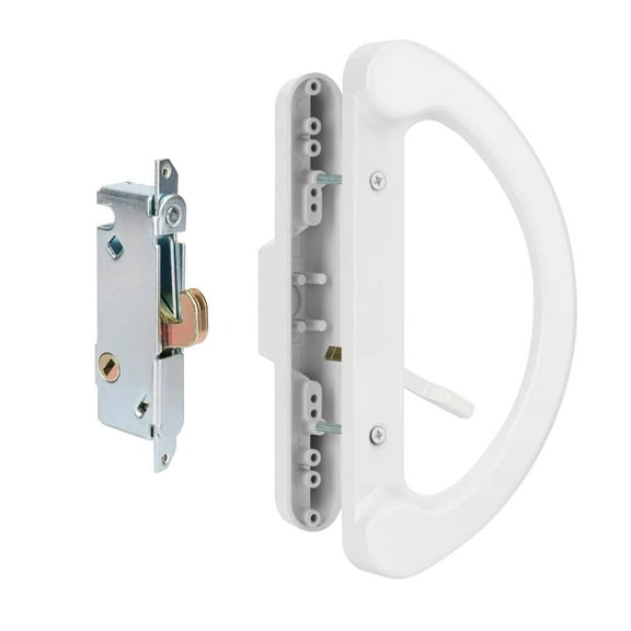 Patio Door Handle Set with Mortise Lock 45° for Replacement Mortise Style Reversible Design Non-keyed Sliding Patio Glass Door Handles, Fits 3-15/16” Screw Hole Spacing White Finish