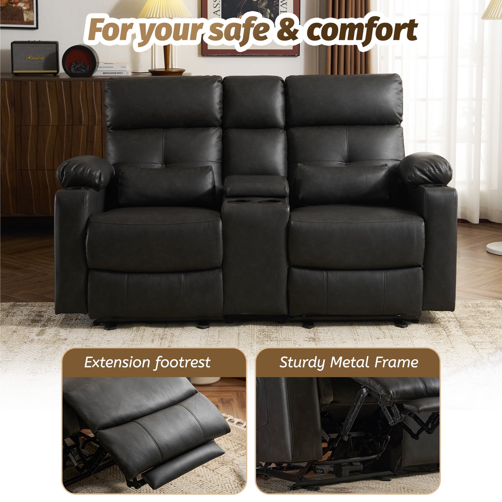 PYOIER Reclining Loveseat Sofa With Massage & Heating, Black