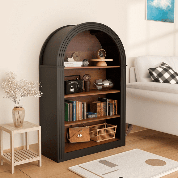 WARMMUSE Arched Bookshelf, 46" Black Wood Arched Cabinet for Library, Bedroom and Living Room