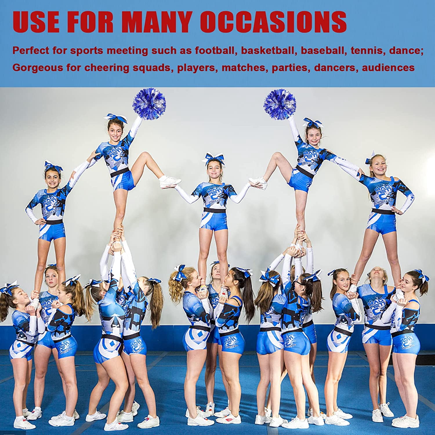 LINLIN 12Pcs Cheerleading Pom Poms for Kids, Metallic Foil & Plastic Ring Cheer Pom Poms Girls School Game, Dance, Matches, Team Spirit Sports, Stage Performance, Carnival Celebration