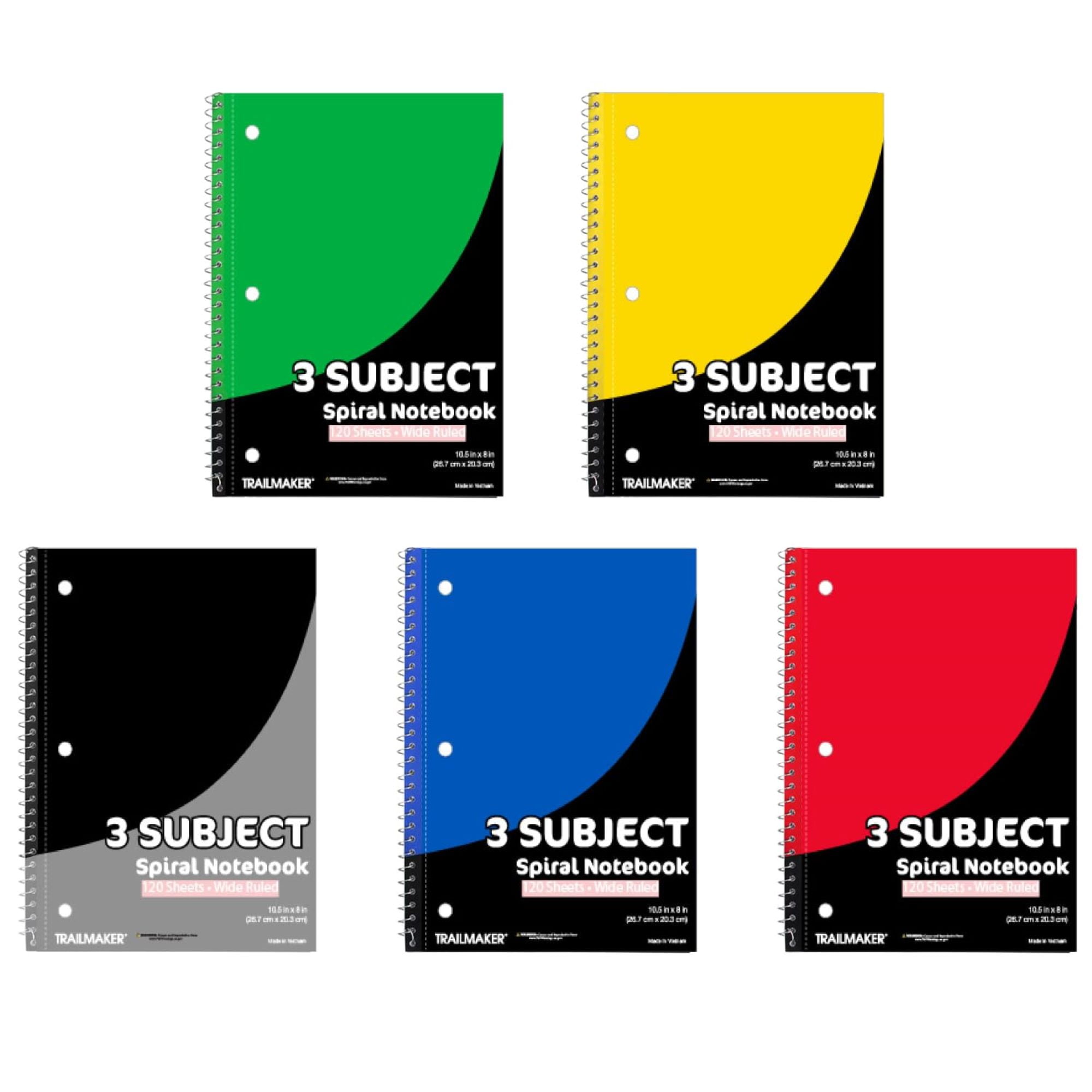 20 Pack of Bulk Wholesale 3 Subject 120 Sheet Wide Ruled Lined Spiral Notebooks in Assorted Colors