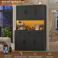 thumbnail image 4 of Hiphuta 72" Tall Kitchen Pantry Cabinet with RGB LED, 47" Wide Storage Cabinet with Adjustable Shelves and Charging Station, for Kitchen Dining Room, Black, 4 of 8