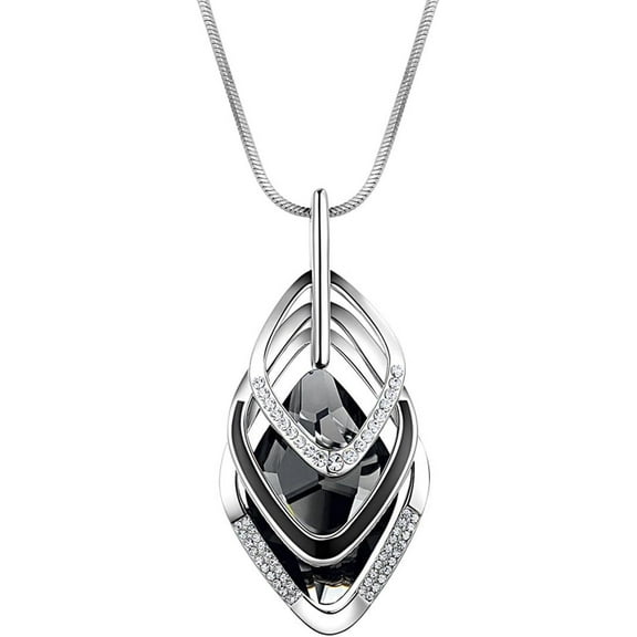 Long Chain Necklace for Women Crystal Sweater Triple Stack Zirconia Pendant Rhombic Rhinestone Pendant Necklace-Silvertone Fashion Jewelry for Women