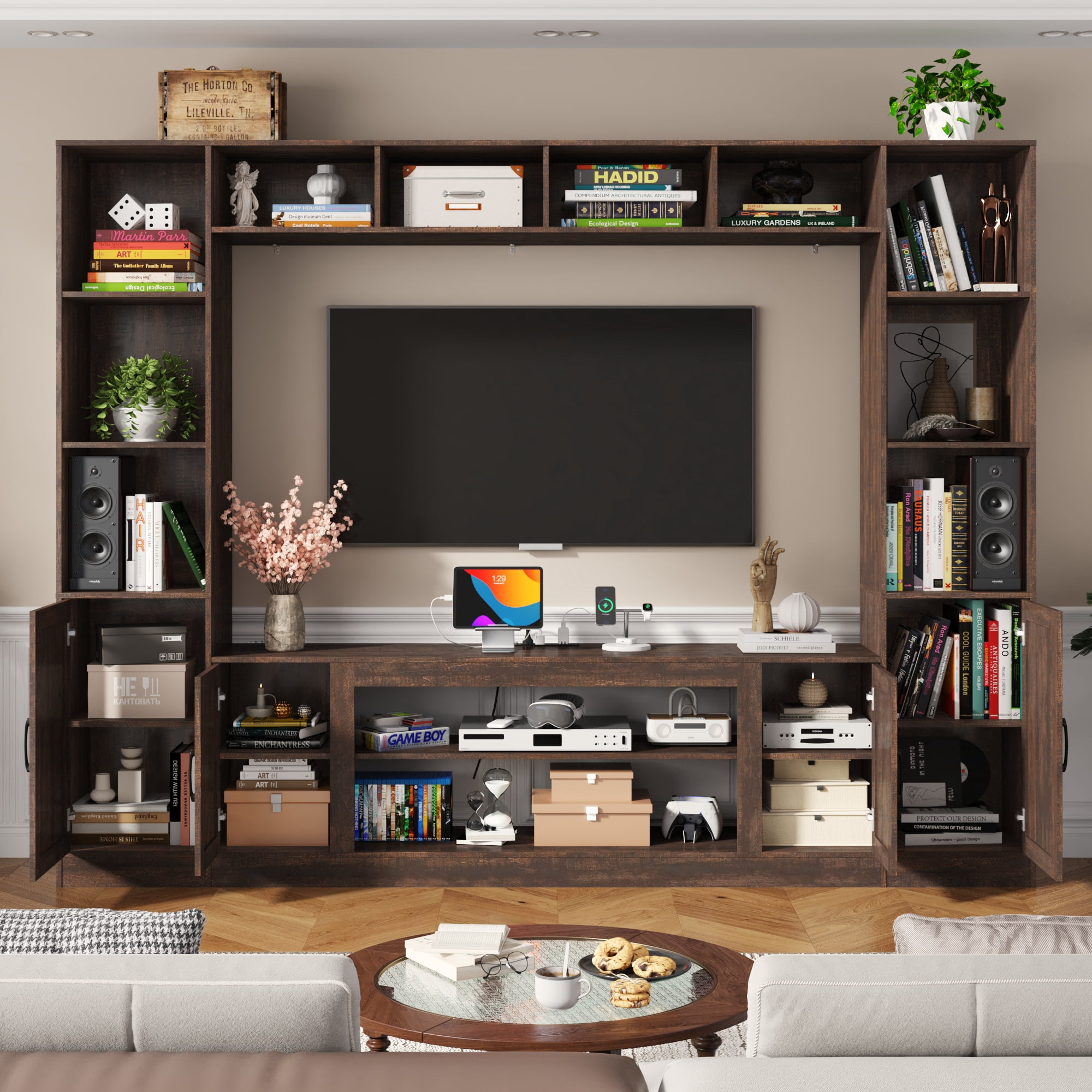 ChVans 103" Large Farmhouse Wall Unit Entertainment Center with Bookshelves, Storage Shelves & Barn Door Cabinet, Rustic Farmhouse TV Stand Media Console Table for Living Room & Home Theater