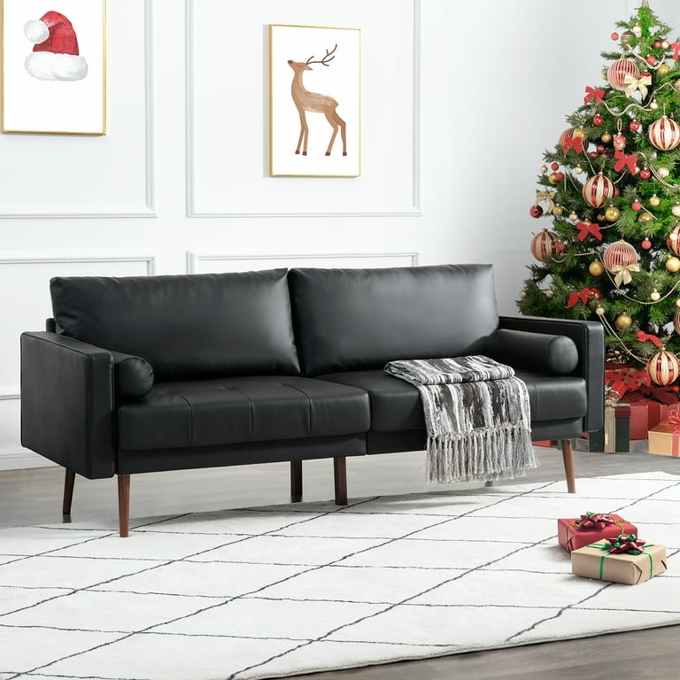 Vonanda Faux Leather Sofa Couch Mid Century 73 inch 3 Seater Leather Couch with Wood Grain Metal Legs and Bolster Pillows for Living Room Elegant