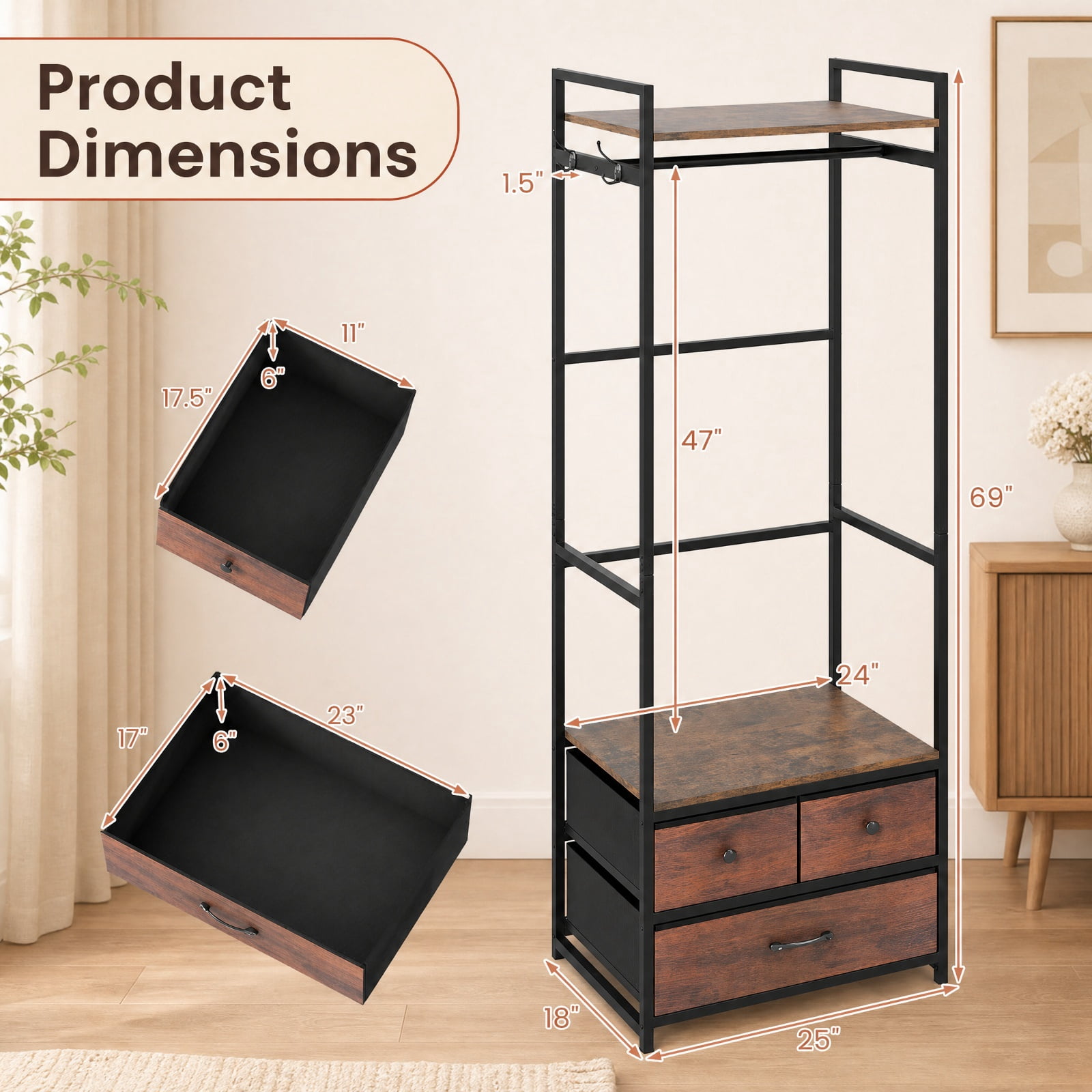 Furnibear Heavy Duty Metal Clothes Rack with 3 Fabric Drawers Top Shelf Hanging Rod and Side Hooks Industrial Garment Rack for Bedroom, Rustic Brown