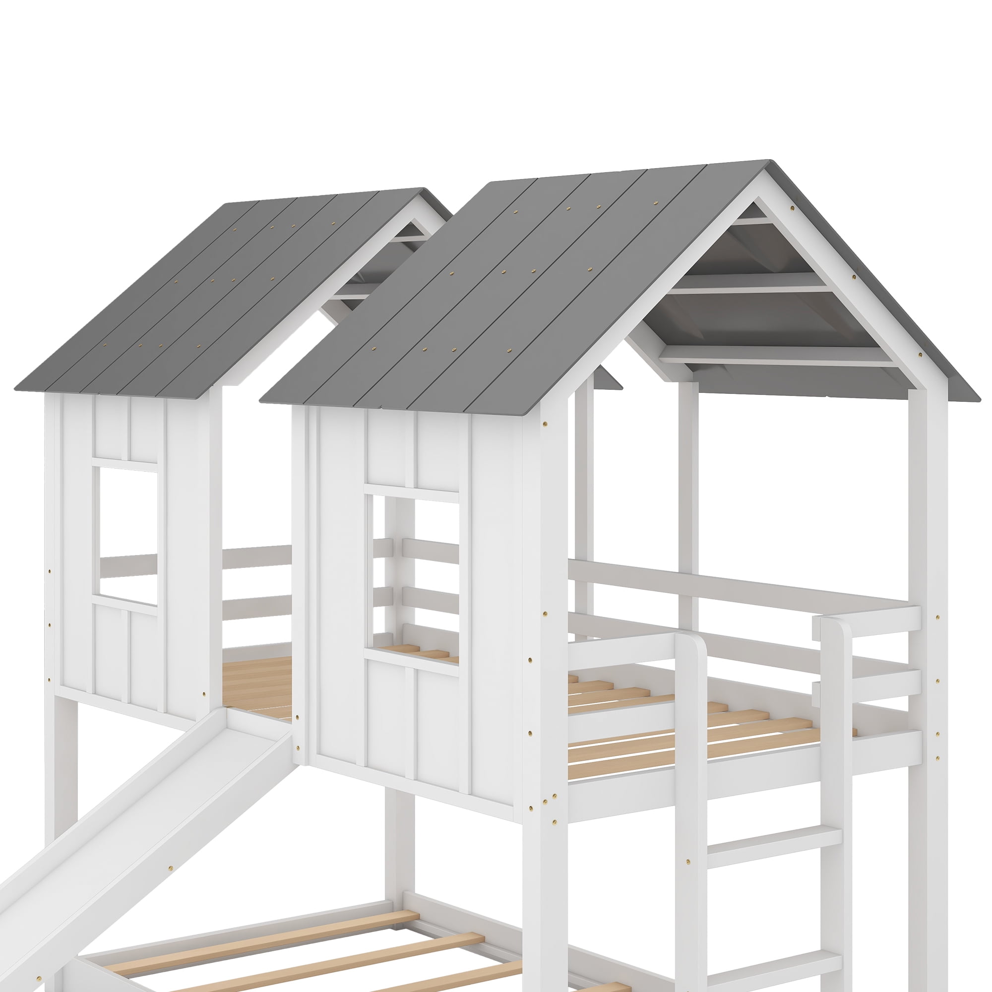 Euroco House-Shaped Twin over Twin Bunk Bed with Roof and Windows for Kids Teens Bedroom, White