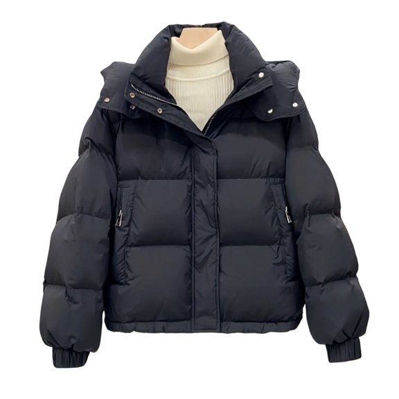 Women Winter Cotton Coat Hooded Thickened Padded Short Type with Zipper Pockets Elastic Cuffs Pure Color Windproof Lady Down Coat