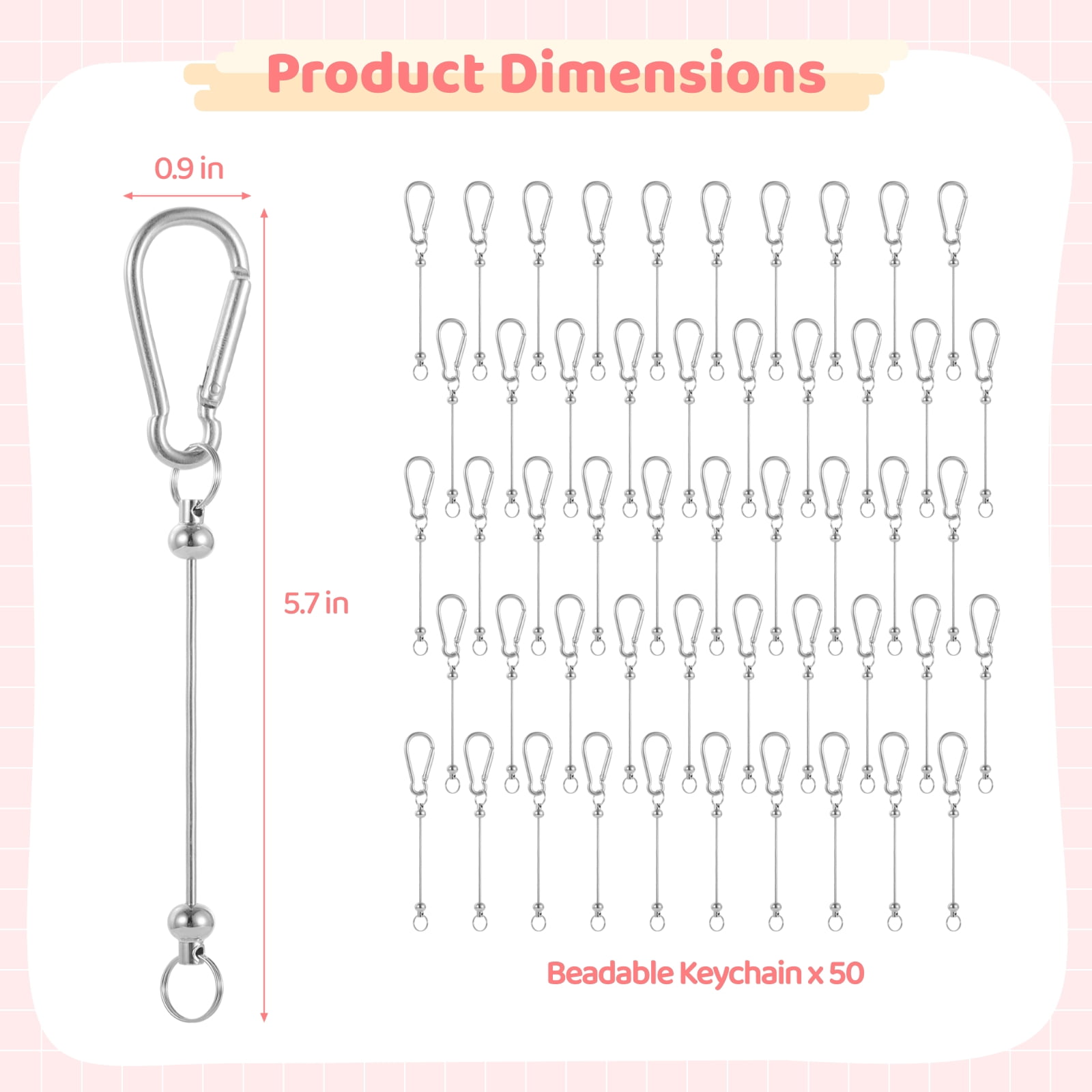 50 Pcs D-Ring Keychain Hooks, Beadable Carabiner Clips for DIY Beaded Keychains, Water Bottle Loops, Backpack, Dog Tag Chains, Outdoor Gear Accessories