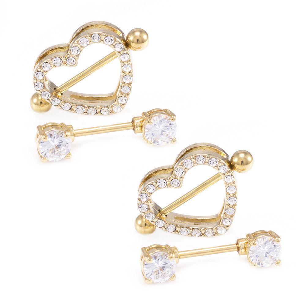 Heart Nipple Ring And Shields Set 14G Surgical Steel With Jewels