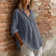 thumbnail image 4 of hoksml Women's Cotton Linen V Neck Blouse, Roll-Up Sleeve Henley Casual Shirt, Loose Fit Top for Daily and Office Wear, 4 of 9