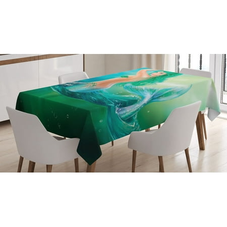 

Underwater Tablecloth Mermaid in Ocean on Waves Tail Sea Creatures Dramatic Sky Dark Clouds Print Rectangular Table Cover for Dining Room Kitchen Decor 60 X 84 Blue Green by Ambesonne