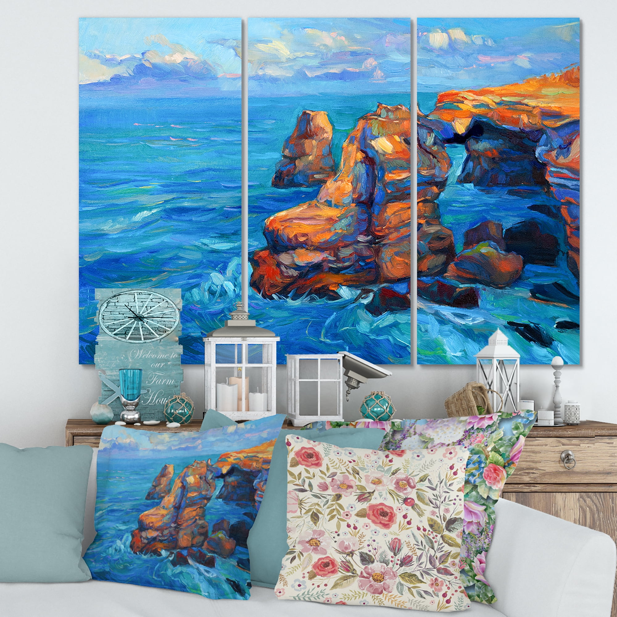 Designart ' The Blue Ocean By Rocky Cliffs ' Nautical & Coastal Canvas Wall Art Print