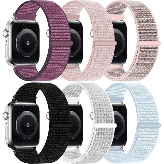 PLUHKN-6 Pack Nylon Sport Loop Band Compatible with Apple Watch Band 38mm 40mm 41mm 42mm 44mm 45mm 46mm 49mm Women Men, Soft Adjustable Braided Replacement Straps for iWatch Series 11 10 9 8 7 6 5 4