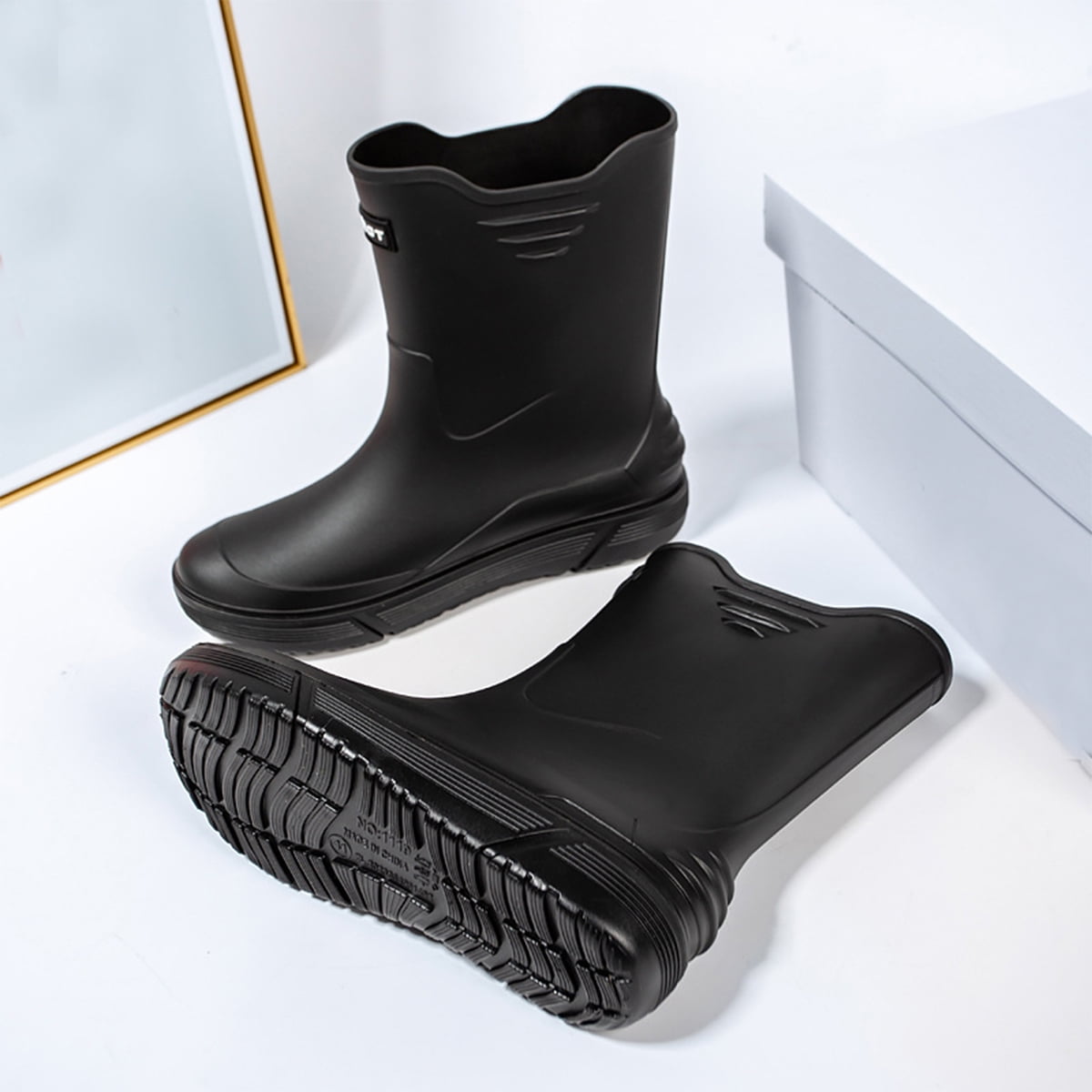 Rain Boots for Men, Non-Slip Waterproof Rubber Boots Outdoor Garden Mid Calf Muck Work Shoes Rainboots for Fishing Climbing, Size 9