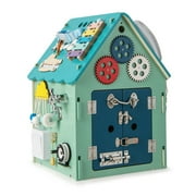Costway Wooden Busy House Montessori Toy with Sensory Games & Interior Storage Space Blue