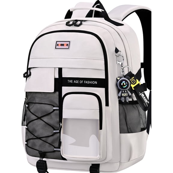 Ficcug School Backpack for 15.6" Laptop,Fashion Waterproof School Bag for Boys Girls Women Men Teens,Middle / High / College Bookbags,off-White