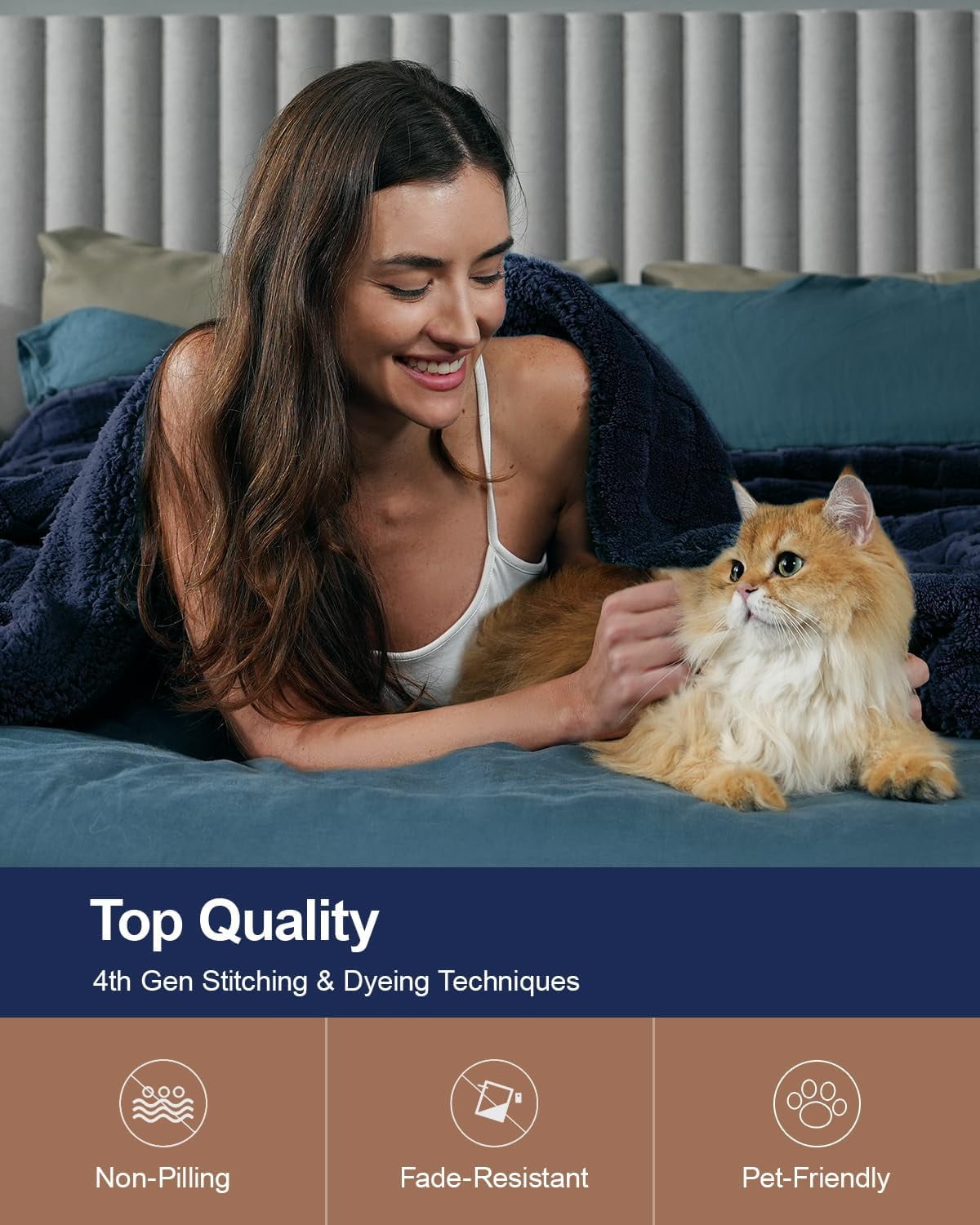 Anjee 90"x90" Queen Size Super Soft Cozy Fluffy Sherpa Fleece Reversible Thick Warm 3D Checkered Jacquard Blanket for All-Season Couch Bed, Navy Blue