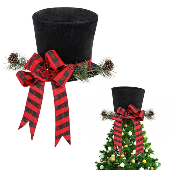 Christmas Tree Topper Hat Retractable Xmas Tree Topper Foldable Classic Plaid Top Hat with Bow for Christmas Tree Decor Desktop Ornaments Winter Holiday Home Decor