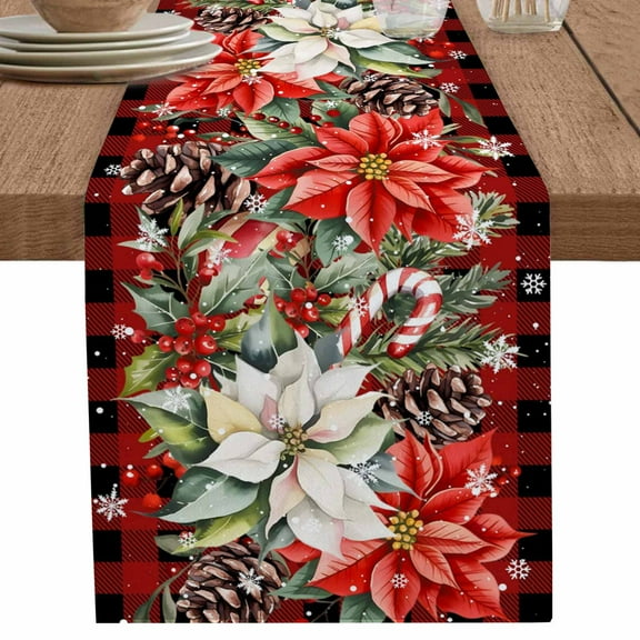 nqOlkjepod Christmas Red Check Table Runner 108 Inches Long Farmhouse Dress Scarves, Poinsettia Xmas Flower Snowflake Berry Dining Tablerunner for Coffee Table/Kitchen Island/Party Décor, 13" x 108"
