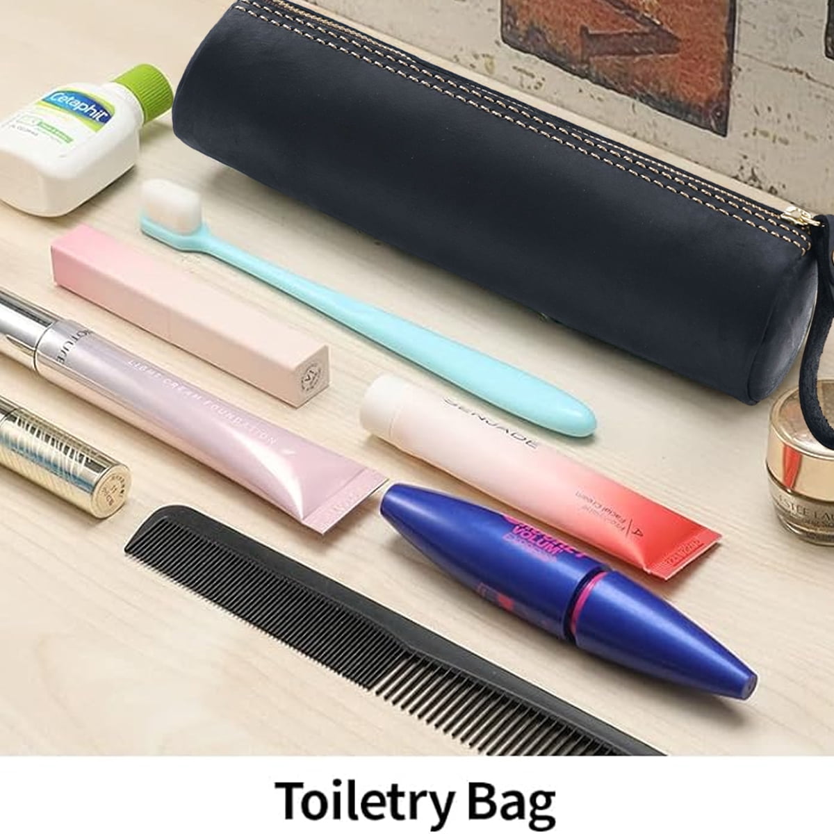 Leather pencil case, handcrafted leather pencil case with zipper, large capacity stationery storage caseblack