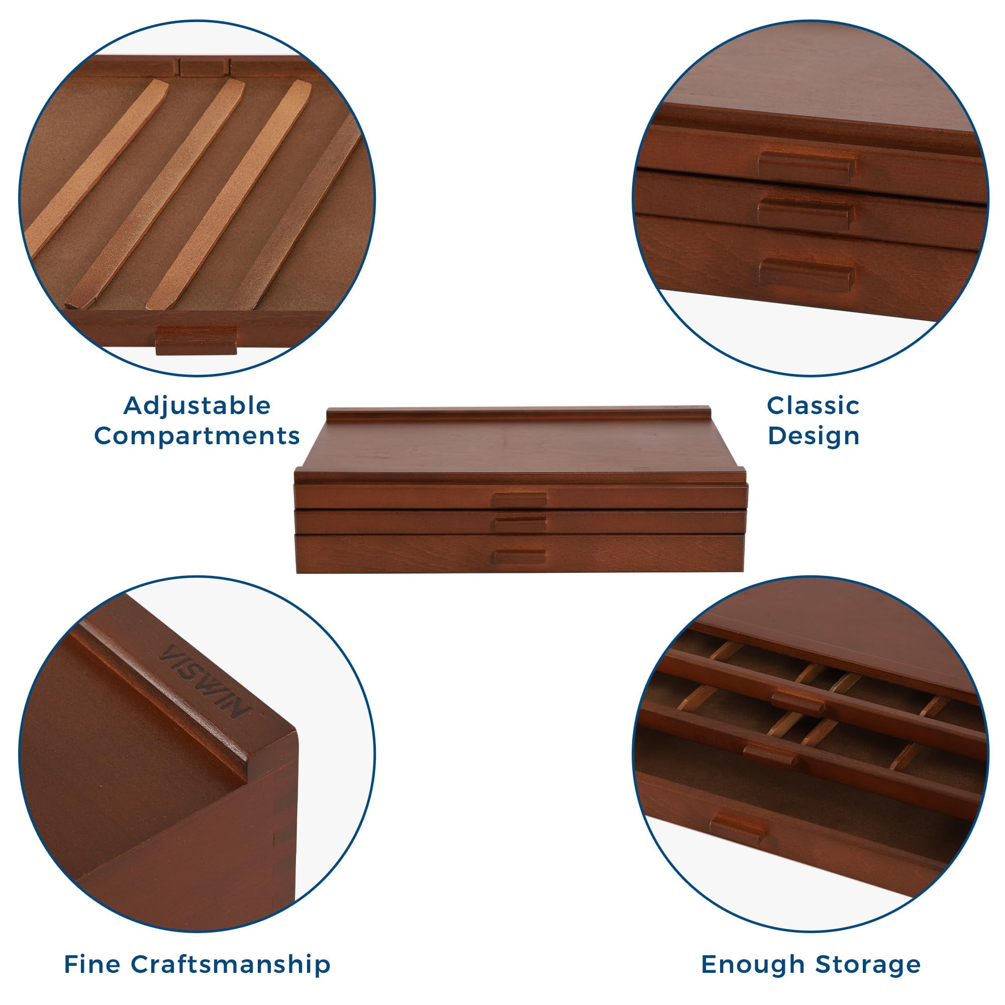 VISWIN 3-Drawer Wood Artist Supply Storage Box with Detach Dividers-Walnut