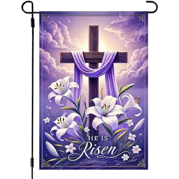 Il Est Ressuscité Drapeau de Jardin de Pâques - 12x18 Pouces Fleurs en Toile de Jute Double Face Croix Décoration Extérieure de Ferme