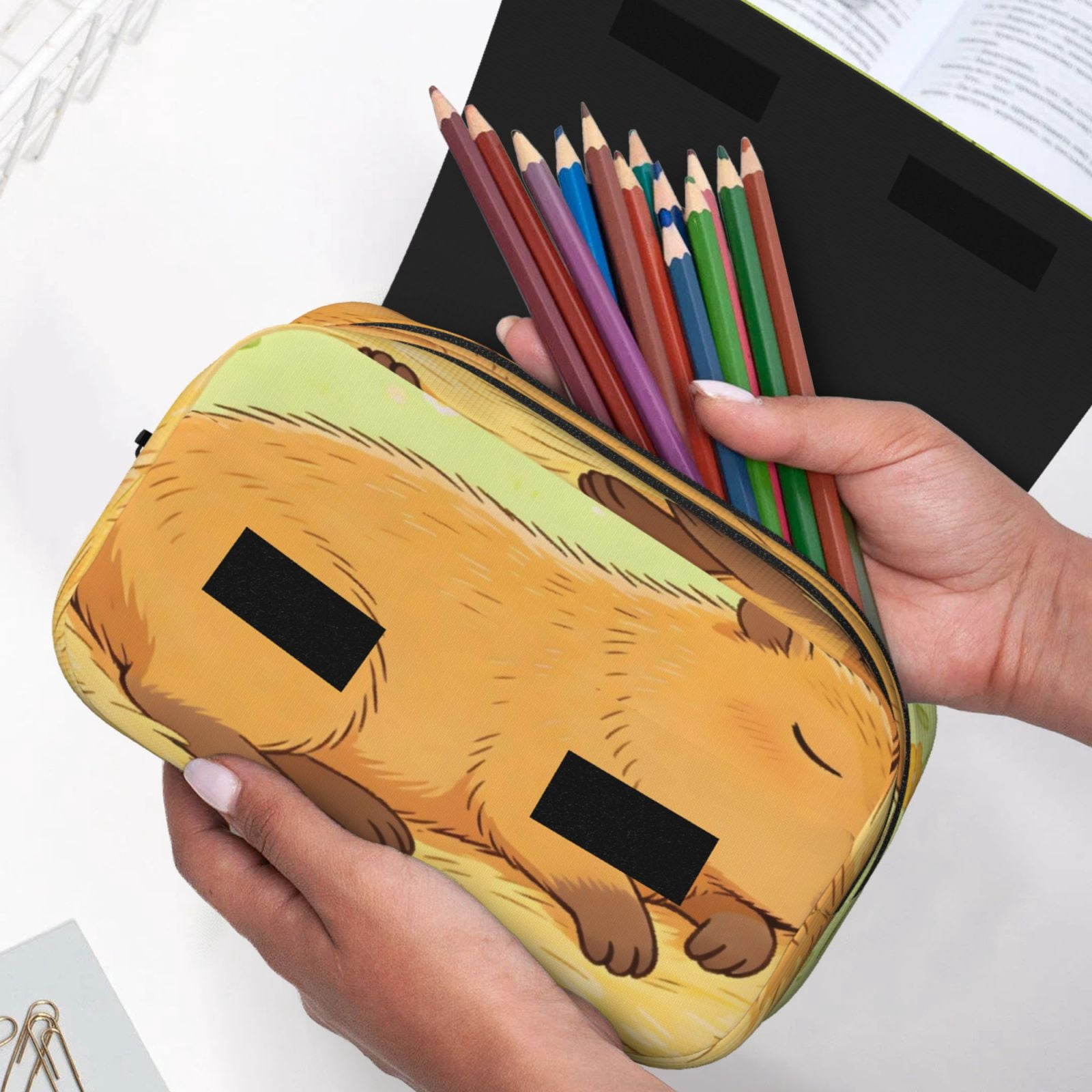 Large-Capacity Flip-Top Double-Layer Pencil Case, Multi-Functional Pocket Pen Case, Durable Stationery Organizer Sleeping Capybara