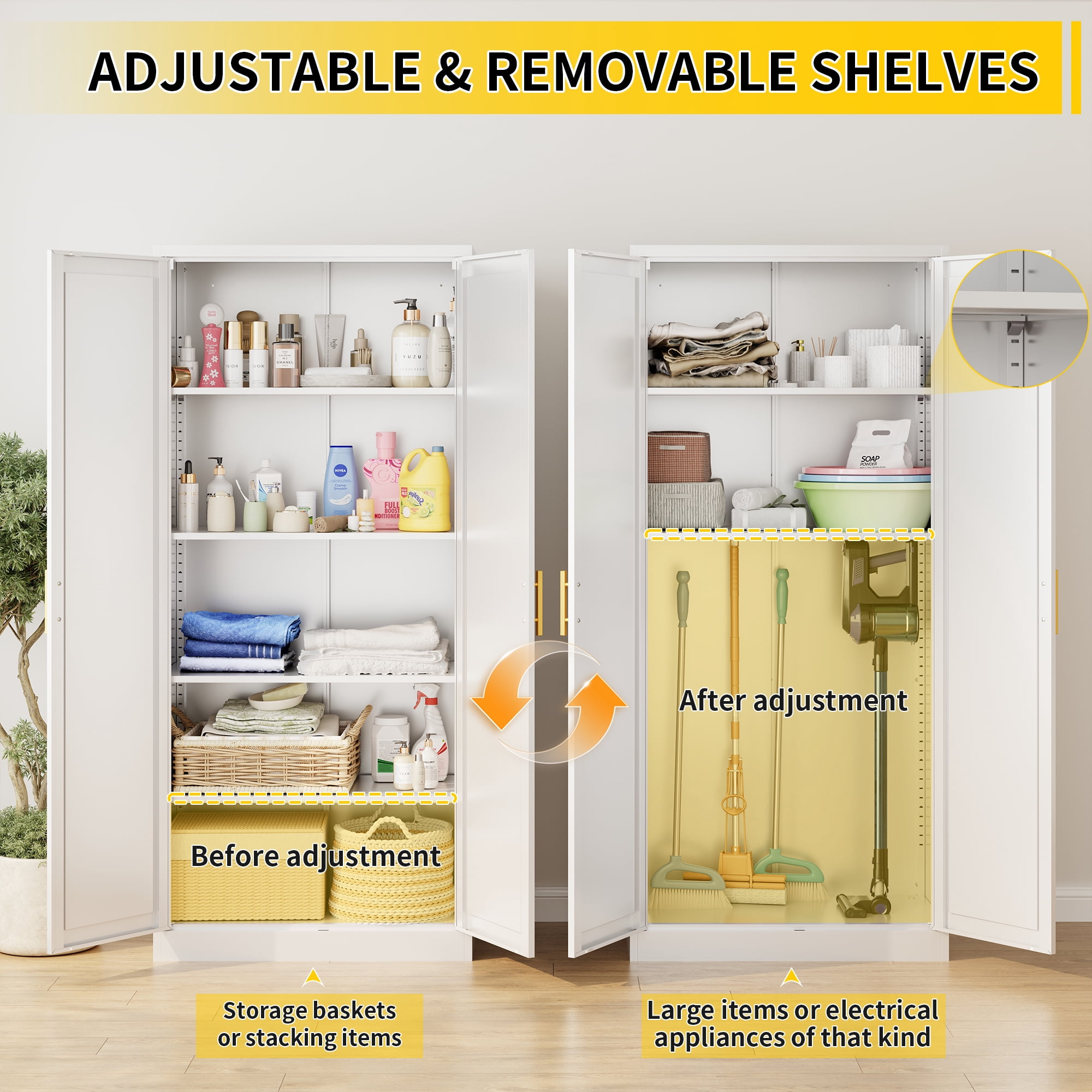 Metal Kitchen Pantry Cabinet, 71"H x 28"W x 14"D Pantry Cabinets with 2 Doors and 4 Adjustable Shelves for Kitchen Storage, Metal  Cabinet for Kitchen, Dining Room, Living Room -White