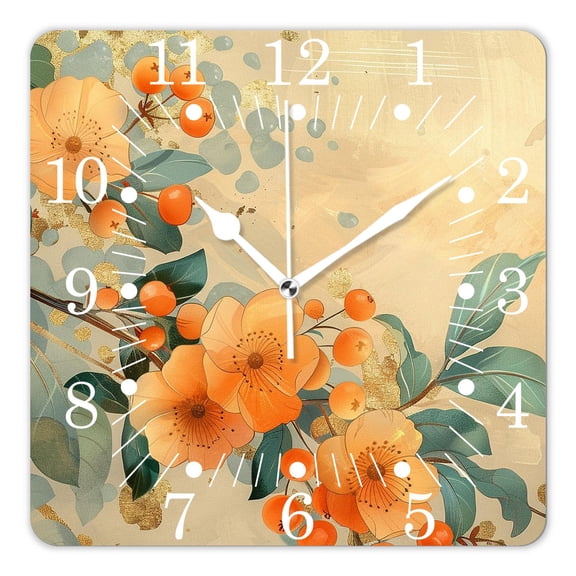 10 Inch Wall Clock Battery Operated Square Clock for Office, Kitchen, Outdoor, Living Room,Yellow Pink Flowers Plant Attractive