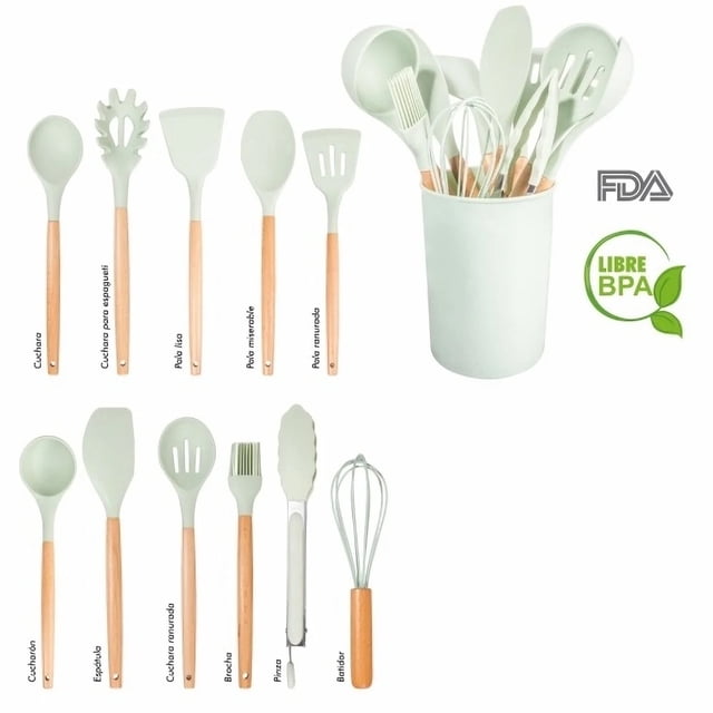 Juego de Utensilios de Cocina de Silicón 12 Piezas con Mango de Madera y Base | Resistente, Ecológico LION TOOLS