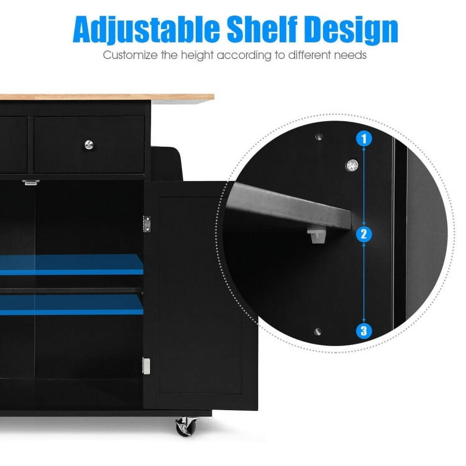 Demi Bonn Rolling Cart, Kitchen Island Cart, Rubber Wood Countertop Rolling Kitchen Island Cart, for Kitchen, Dining Room, Black